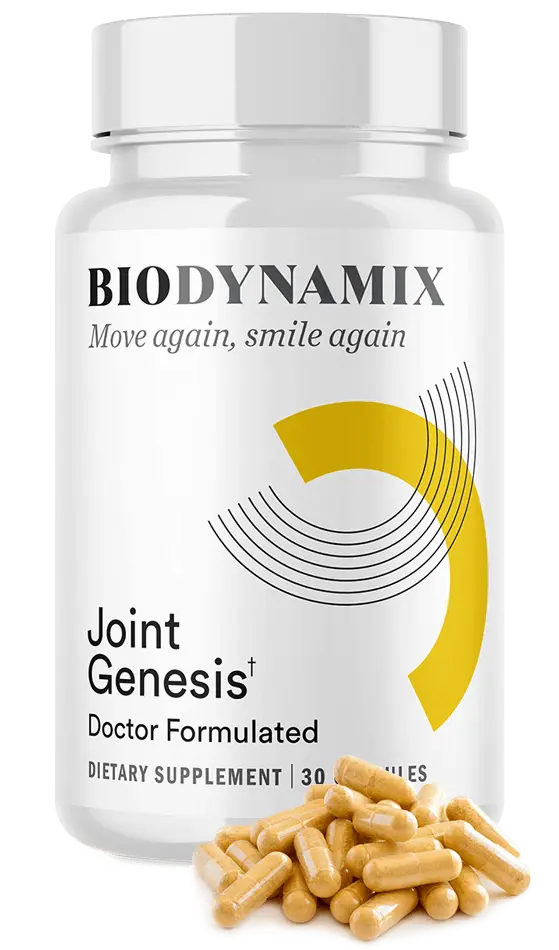 joint genesis supplement bottle and capsules for improved mobility and flexibility